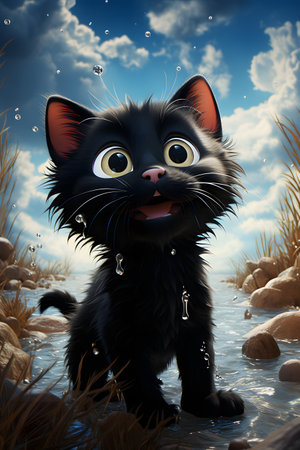 Cute black kitten in the water with raindrops - 3D renderの素材