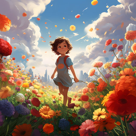 Little girl walking in the meadow full of flowers. Vector illustration.の素材