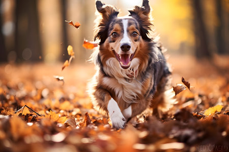 Portrait of a cute Australian shepherd dog running in the autumn parkの素材