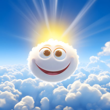 Smiling cloud with sun on blue sky background. 3d illustrationの素材