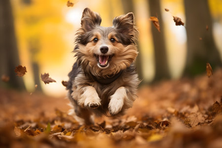 Portrait of a purebred Australian shepherd dog jumping in autumn leavesの素材