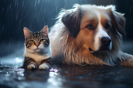 Cat and dog in the rain. Dog and cat in the rain.の素材