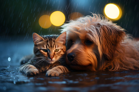 Cat and dog together under the rain. Selective focus on catの素材