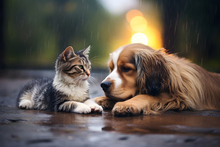 Cute cat and dog together in rain on a rainy day.の素材