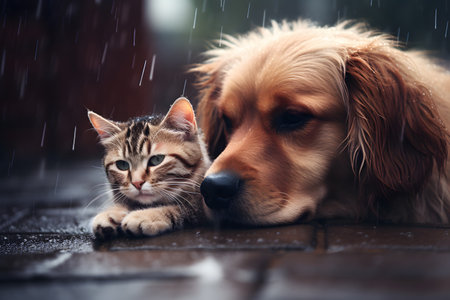 Cat and dog together in the rain. Shallow dof.の素材
