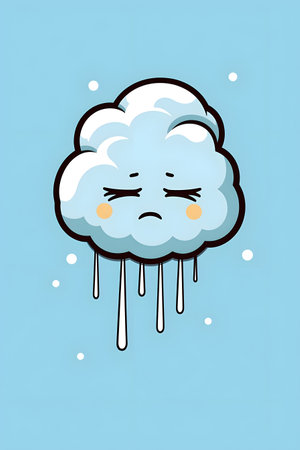 Crying cloud with snow on blue background. Vector cartoon illustration.の素材