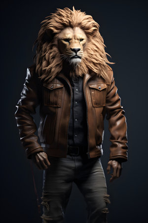 Lion in a leather jacket and jeans on a dark background.の素材