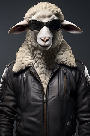 Portrait of a sheep in leather jacket and sunglasses on grey backgroundの素材