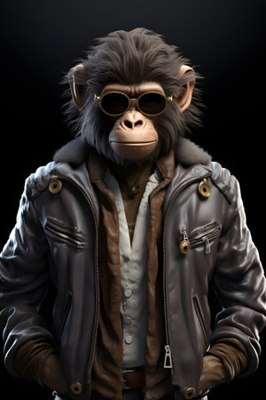 Monkey in leather jacket and sunglasses on a black background. 3d rendering.の素材
