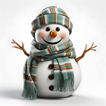 Snowman with scarf and hat on white background. 3D rendering.の素材