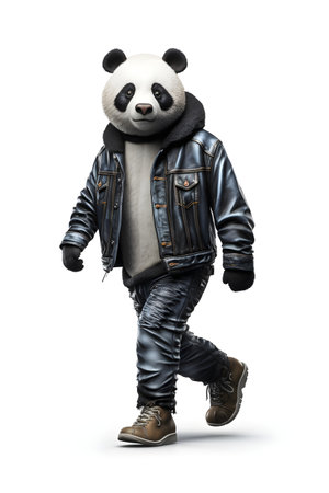3D rendering of a panda wearing a leather jacket isolated on white backgroundの素材