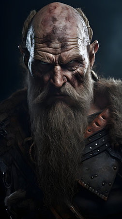 Portrait of an old warrior with a long beard and mustache on a dark backgroundの素材