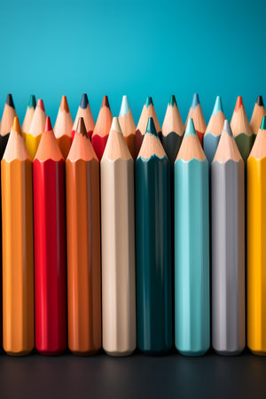 colored pencils in a row on a blue background close-upの素材