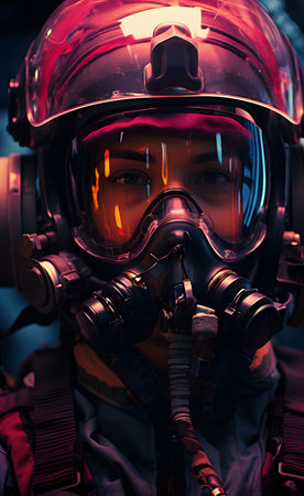 Portrait of a female astronaut in red helmet and gas mask.の素材