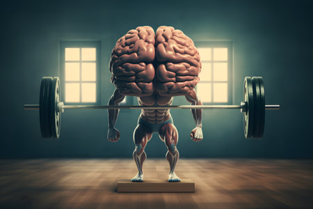 Human brain and barbell in the gym. 3D illustration.の素材