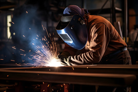 Industrial worker with protective mask welding metal at factory. Metalwork and construction conceptの素材