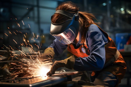 Female welder wearing protective mask and using torch to welding metal.の素材