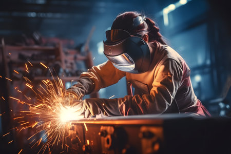 Female welder wearing protective mask and welding metal on the factory.の素材