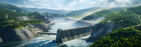 Panoramic view of the hydroelectric power station on a sunny dayの素材