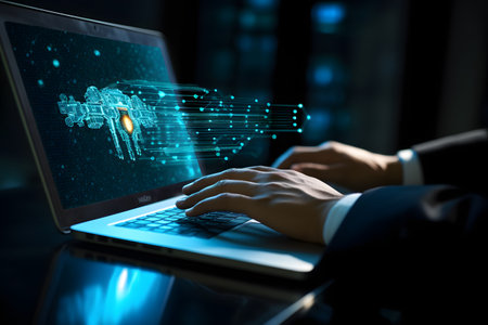 Close up of businessman working on laptop in dark office. Mixed mediaの素材