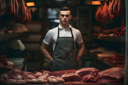 Butcher in a butcher's shop. Man in apron.の素材