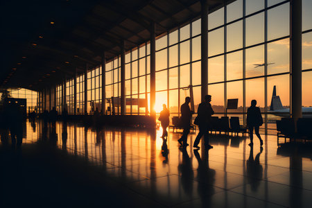 Silhouette of business people walking in the airport terminal at sunsetの素材