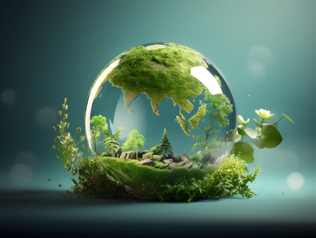 Ecology concept with green planet in glass sphere. 3D renderingの素材
