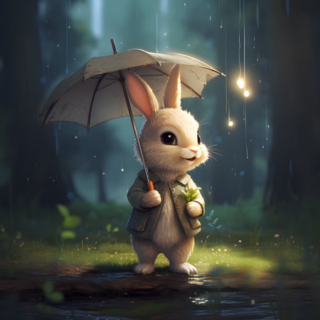Cute rabbit with umbrella in the rain, 3d rendering.の素材