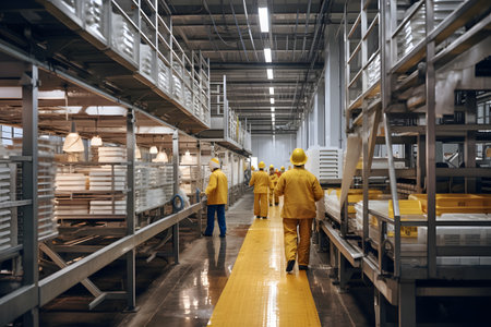 Workers in hardhats working in a large warehouse. This is a freight transportation and distribution warehouse. Industrial and industrial workersの素材