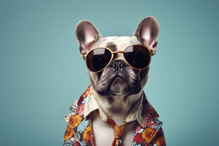 french bulldog wearing sunglasses and a colorful shirt on blue backgroundの素材