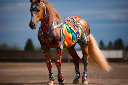 Beautiful horse with multicolor pattern on her body. Rear view.の素材