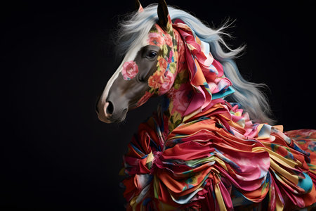 Unicorn with long white mane in colorful dress on black backgroundの素材