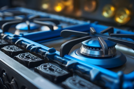 Blue gas burner on a blue gas stove. 3d rendering.の素材