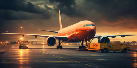 Airplane in the airport at sunset, travel and transportation concept.の素材