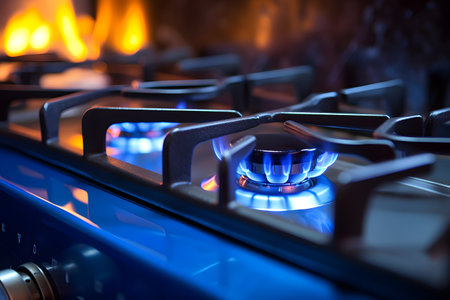 Gas burner in the kitchen with blue flames. Selective focus.の素材