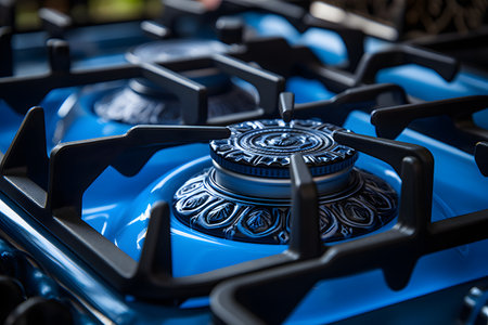 Blue gas stove with a blue background. Close-up view.の素材