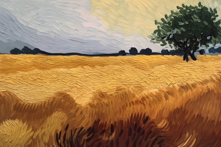 Oil painting of a field with trees in the background on canvas.の素材