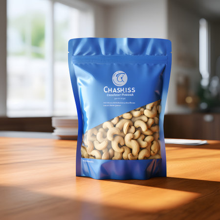 3d rendering of a plastic package with cashew nuts on a wooden table.の素材