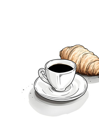 Coffee cup and croissant on a white background.の素材