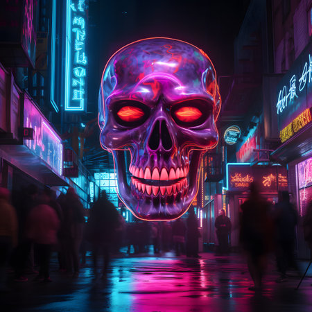 Neon skull in the night city. The concept of Halloween.の素材
