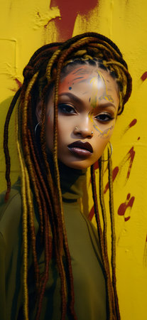 beautiful african american woman with dreadlocks hairstyle on yellow wallの素材