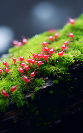 Close-up of moss and red flowers in the forest. Selective focus.の素材