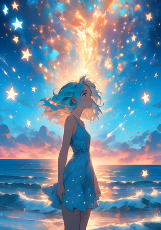 Fantasy illustration of a beautiful girl in a night sky with starsの素材