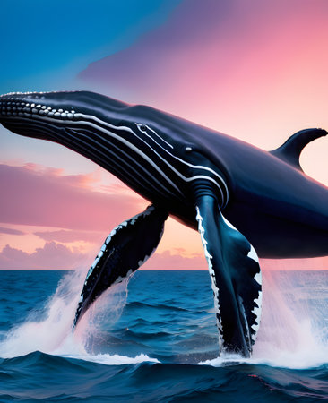Humpback whale in the sea at sunset. 3d renderの素材