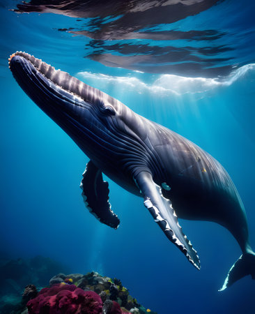Humpback whale swimming in the deep blue water of the ocean.の素材