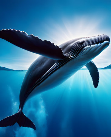 Whale in the blue ocean. 3D render of a whale underwater.の素材