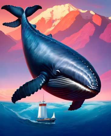 Whale and sailboat on the ocean. 3D illustration.の素材