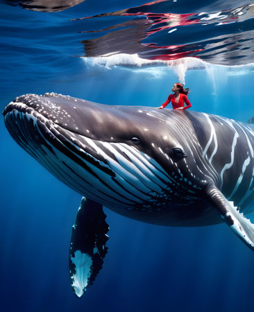 Humpback whale in the deep blue ocean. Underwater scene.の素材