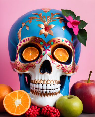 Skull with orange and apple on pink background. Halloween concept.の素材