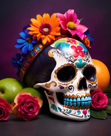 Day of the Dead sugar skull with flowers and fruits on dark backgroundの素材